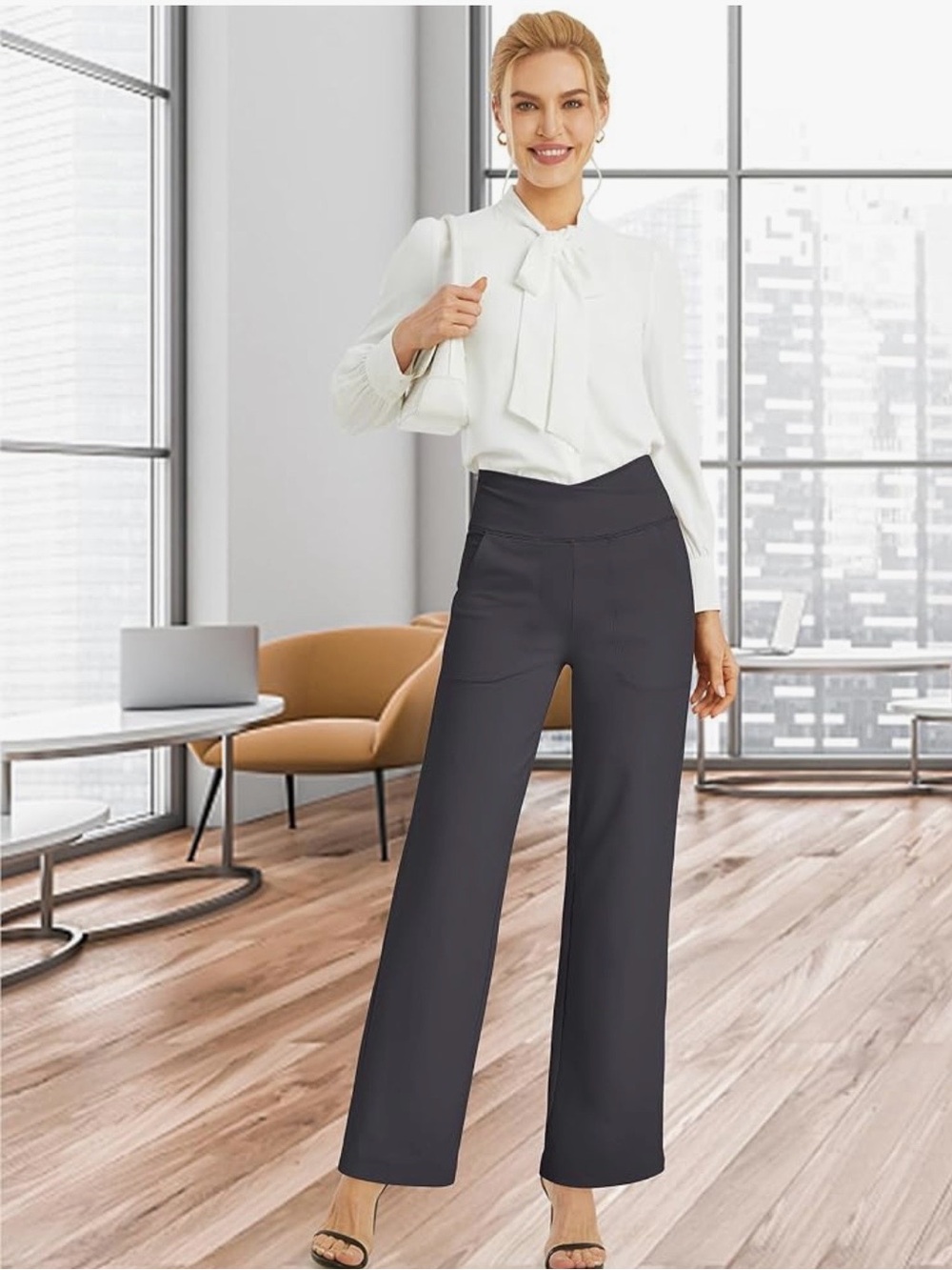 G4Free Wide-Leg High-Waist Dress or casual Pants in black with patch pockets